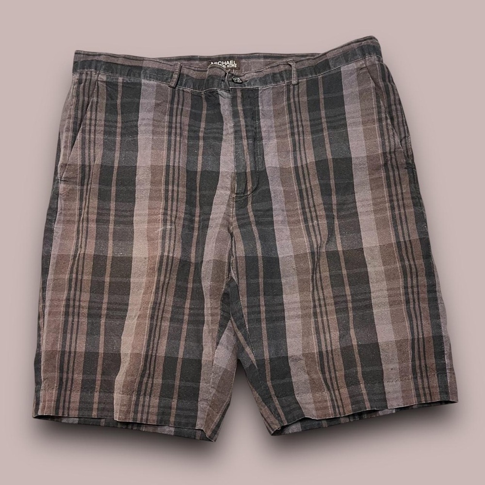 Michael Michael Kors Brown Plaid Bermuda Shorts Sz 36 Mcbling Cybergrunge Linen
